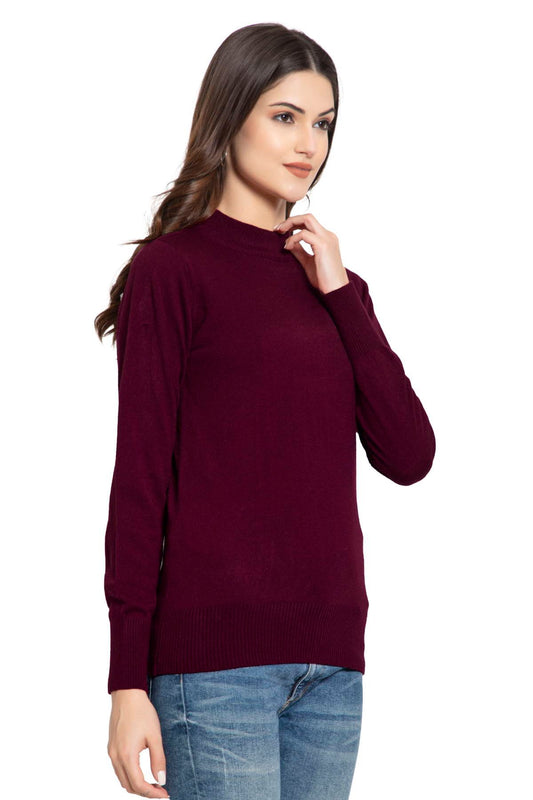 Burgundy Full Sleeve Woolen Turtle Neck Sweater For Women