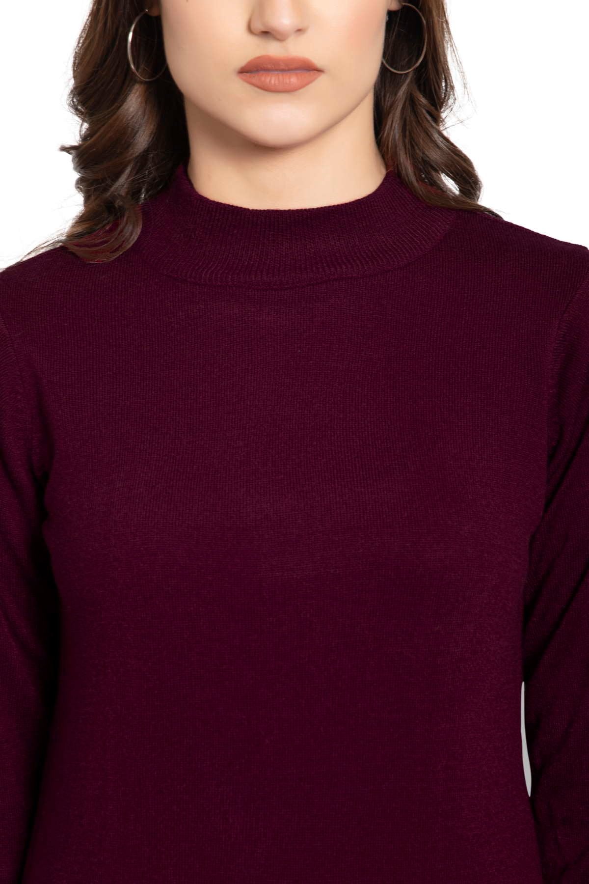 Burgundy Full Sleeve Woolen Turtle Neck Sweater For Women