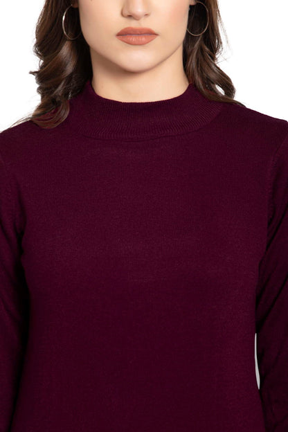 Burgundy Full Sleeve Woolen Turtle Neck Sweater For Women