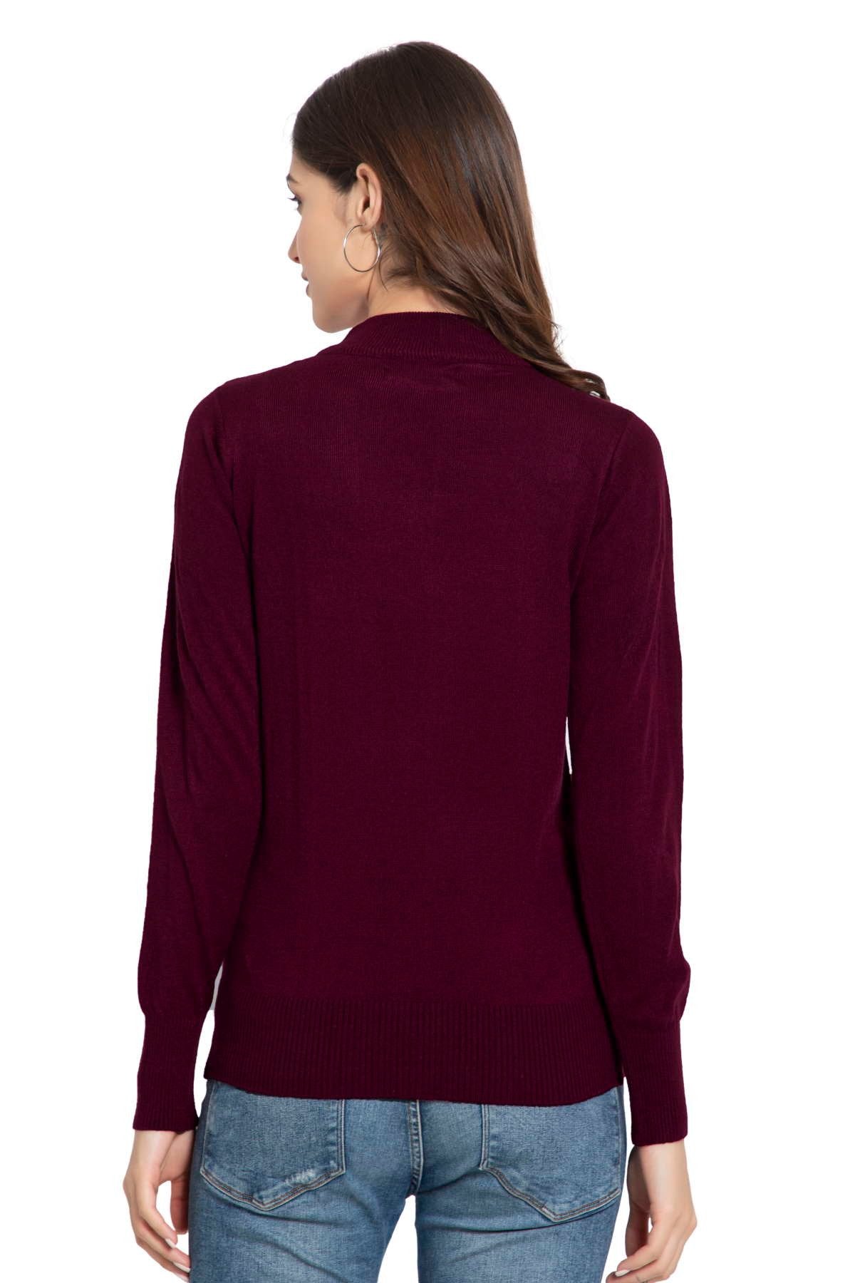 Burgundy Full Sleeve Woolen Turtle Neck Sweater For Women