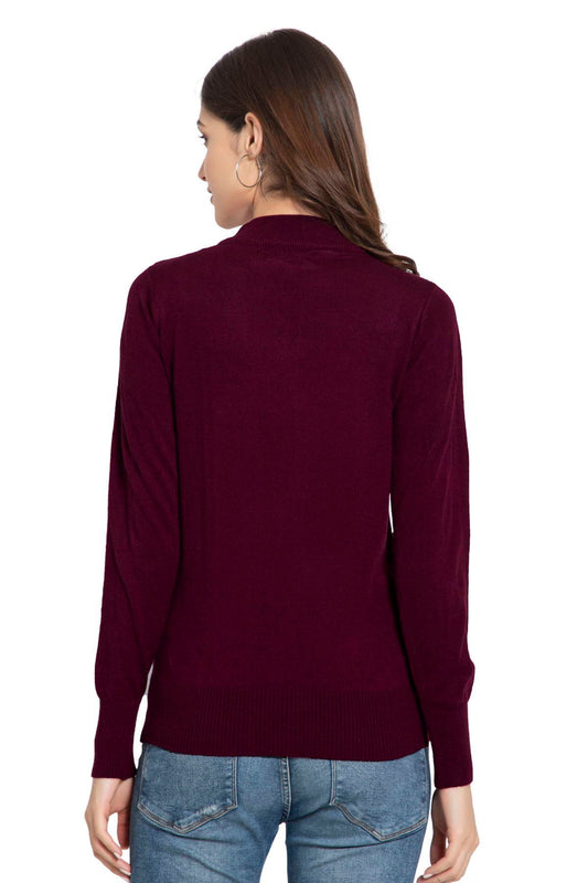 Burgundy Full Sleeve Woolen Turtle Neck Sweater For Women
