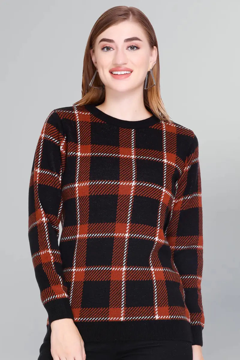 Check Design Rust Black Woolen Round Neck Women Sweater
