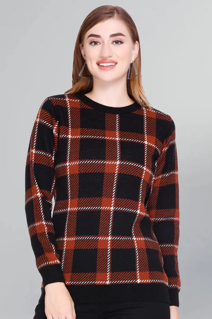 Check Design Rust Black Woolen Round Neck Women Sweater