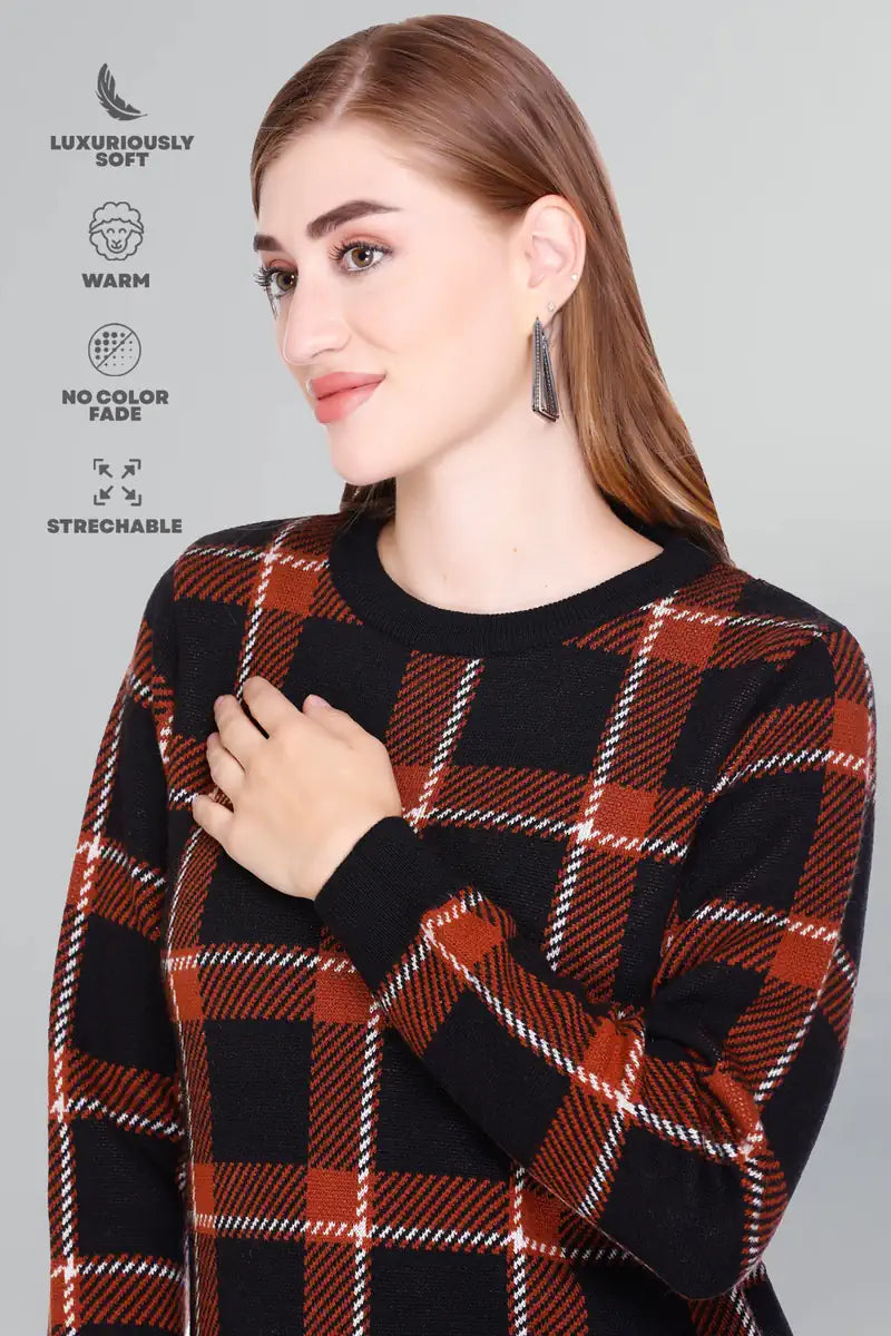 Check Design Rust Black Woolen Round Neck Women Sweater