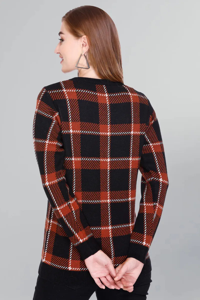 Check Design Rust Black Woolen Round Neck Women Sweater