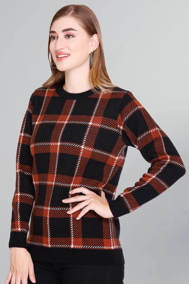 Check Design Rust Black Woolen Round Neck Women Sweater