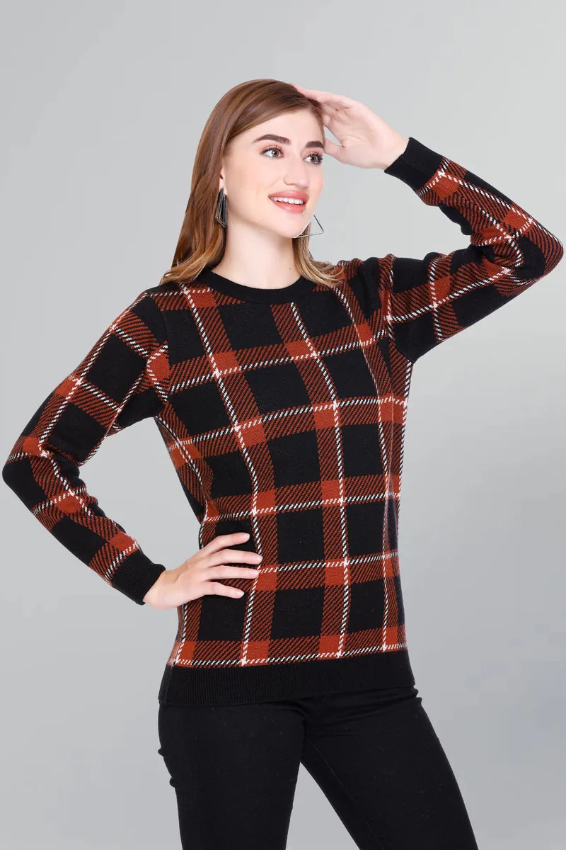 Check Design Rust Black Woolen Round Neck Women Sweater
