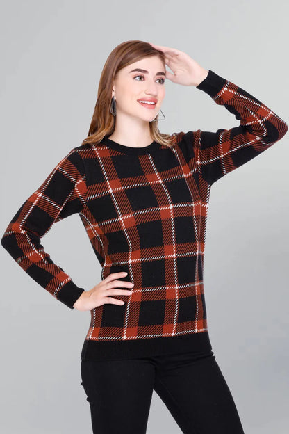 Check Design Rust Black Woolen Round Neck Women Sweater