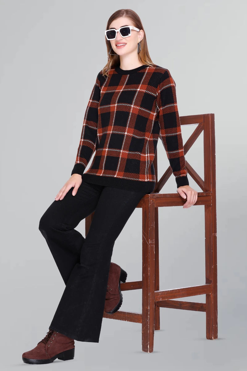 Check Design Rust Black Woolen Round Neck Women Sweater