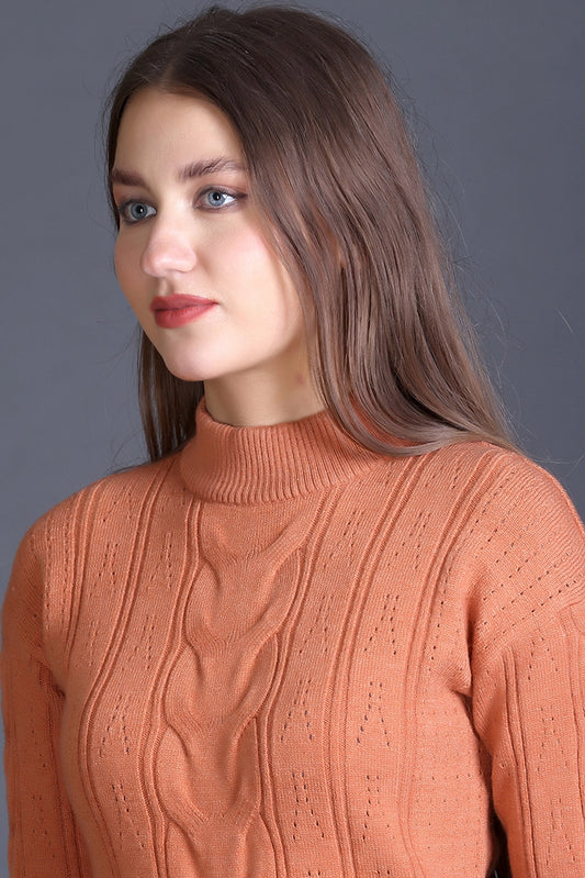 Burnt Orange Full Sleeve Woolen Round Neck Sweater For Women