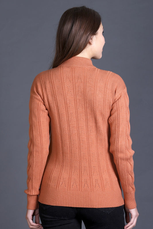 Burnt Orange Full Sleeve Woolen Round Neck Sweater For Women