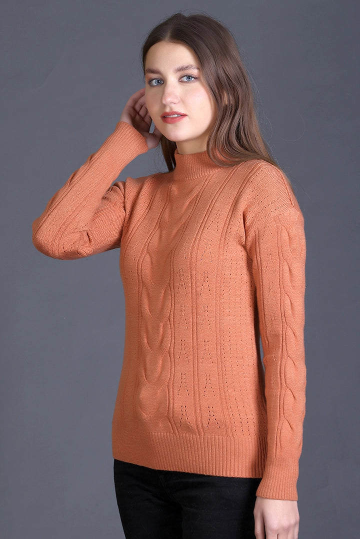 Burnt Orange Full Sleeve Woolen Round Neck Sweater For Women