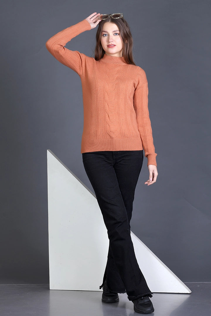 Burnt Orange Full Sleeve Woolen Round Neck Sweater For Women