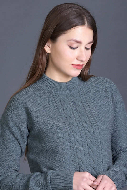 Smoke Green Full Sleeve Woolen Round Neck Sweater For Women