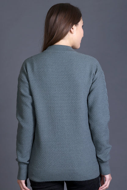 Smoke Green Full Sleeve Woolen Round Neck Sweater For Women