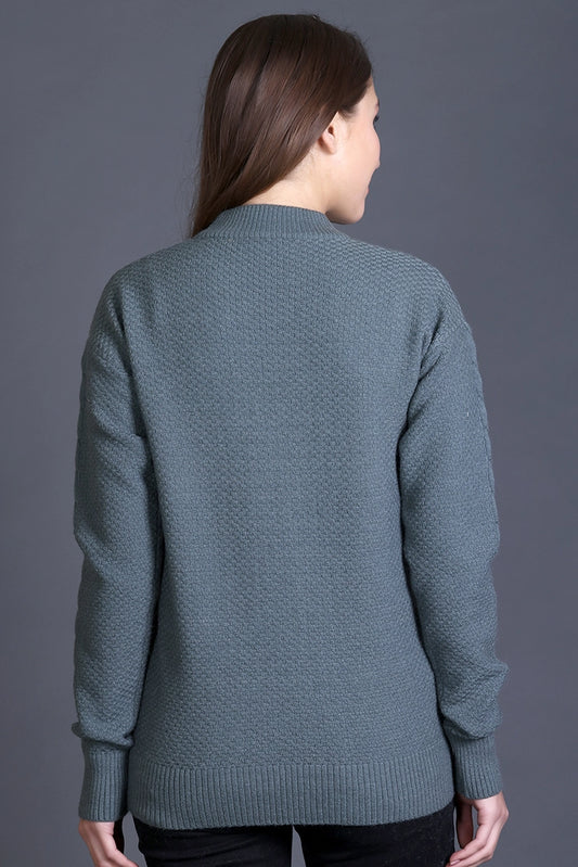 Smoke Green Full Sleeve Woolen Round Neck Sweater For Women
