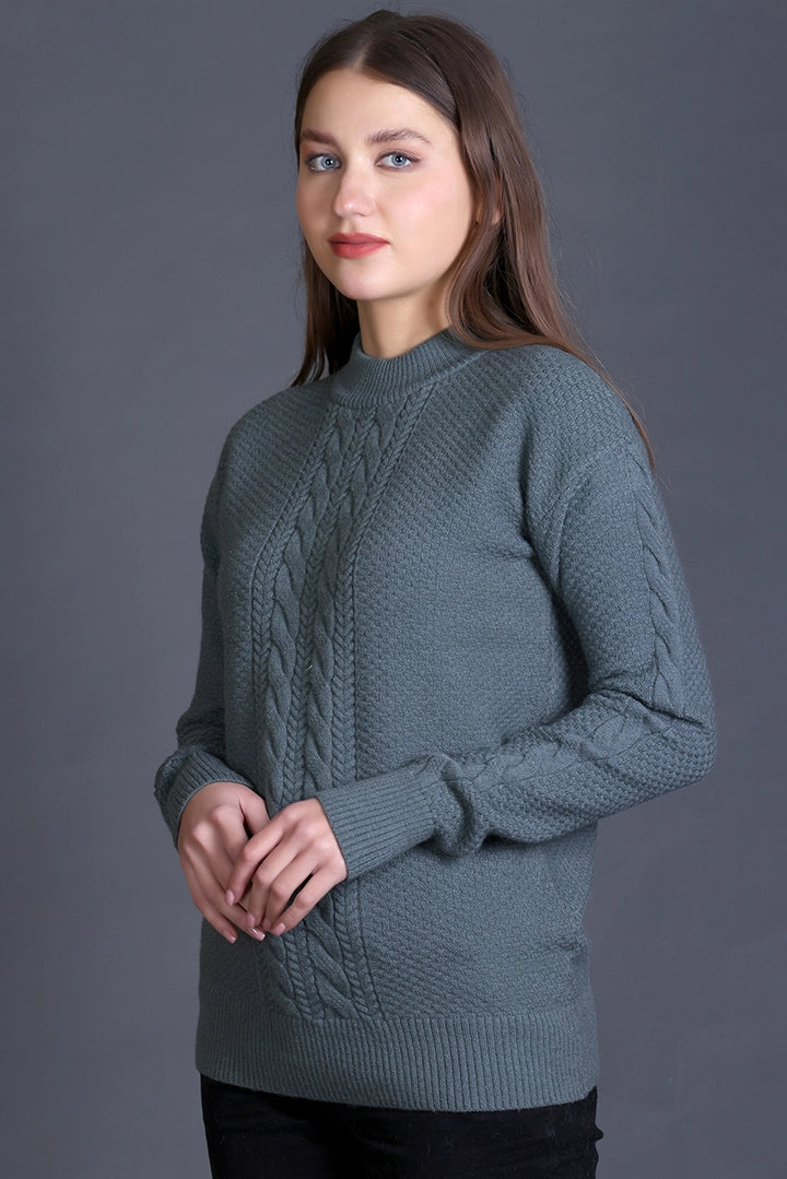 Smoke Green Full Sleeve Woolen Round Neck Sweater For Women