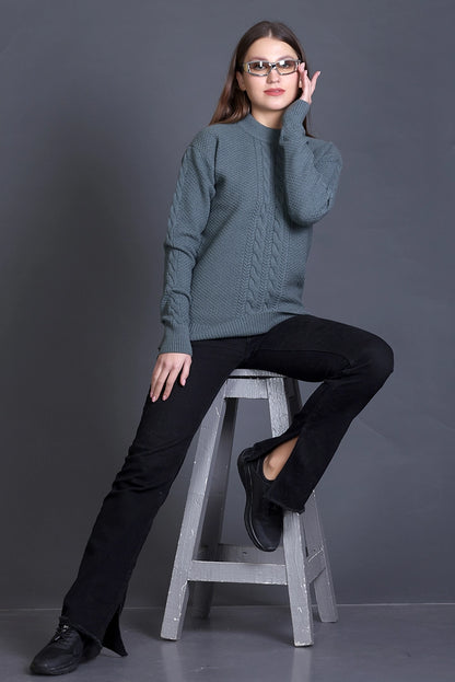 Smoke Green Full Sleeve Woolen Round Neck Sweater For Women