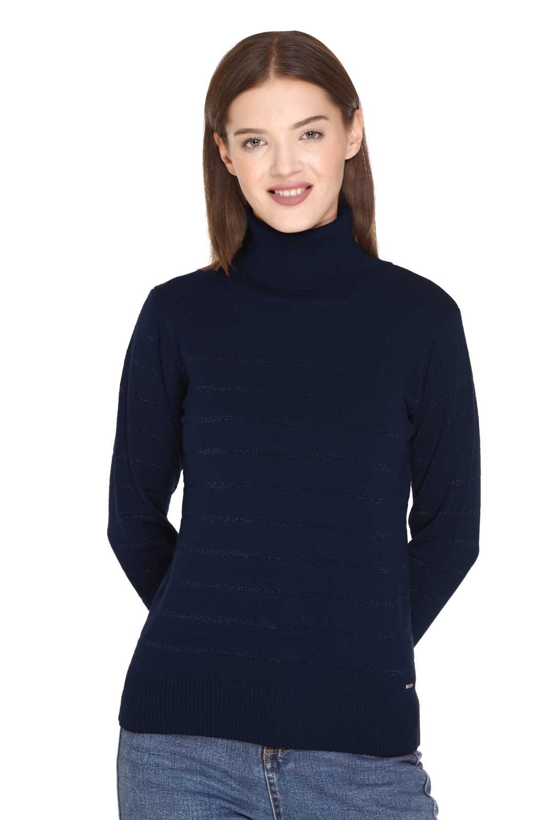 Navy Blue Full Sleeve Woolen High Neck Sweater For Women