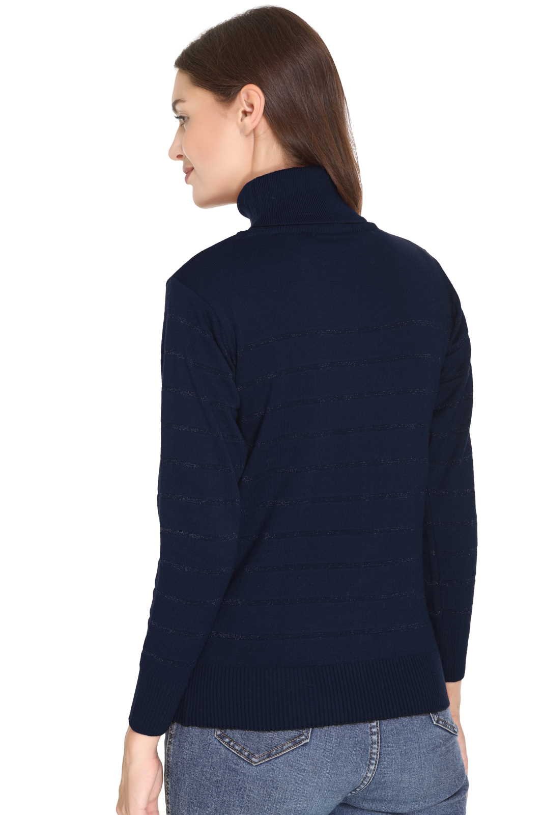 Navy Blue Full Sleeve Woolen High Neck Sweater For Women