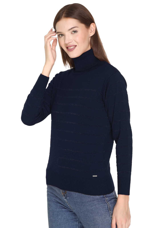 Navy Blue Full Sleeve Woolen High Neck Sweater For Women