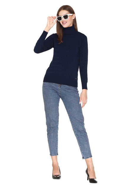 Navy Blue Full Sleeve Woolen High Neck Sweater For Women