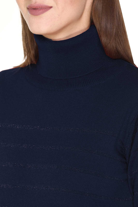 Navy Blue Full Sleeve Woolen High Neck Sweater For Women
