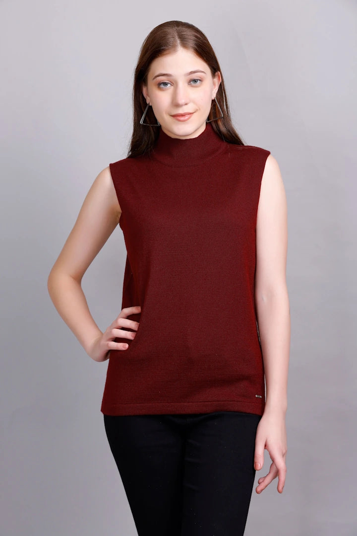 Scarlet Maroon Woolen Turtle Neck Sweater Vest Women