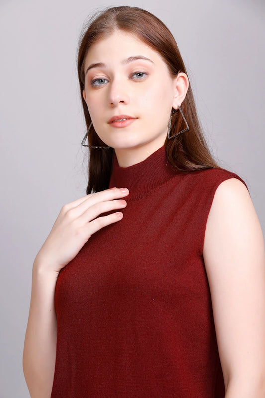 Scarlet Maroon Woolen Turtle Neck Sweater Vest Women