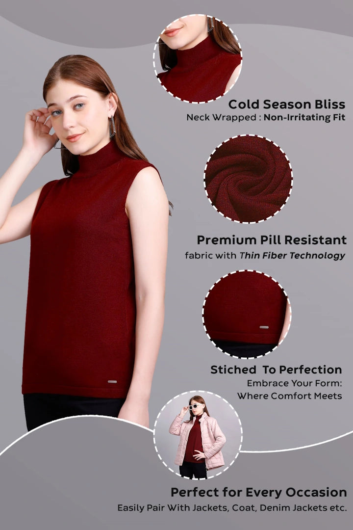 Scarlet Maroon Woolen Turtle Neck Sweater Vest Women