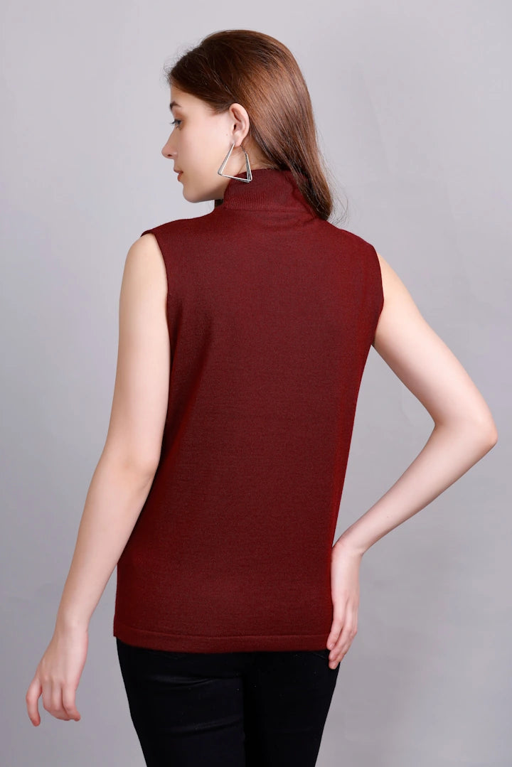 Scarlet Maroon Woolen Turtle Neck Sweater Vest Women