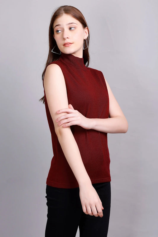 Scarlet Maroon Woolen Turtle Neck Sweater Vest Women