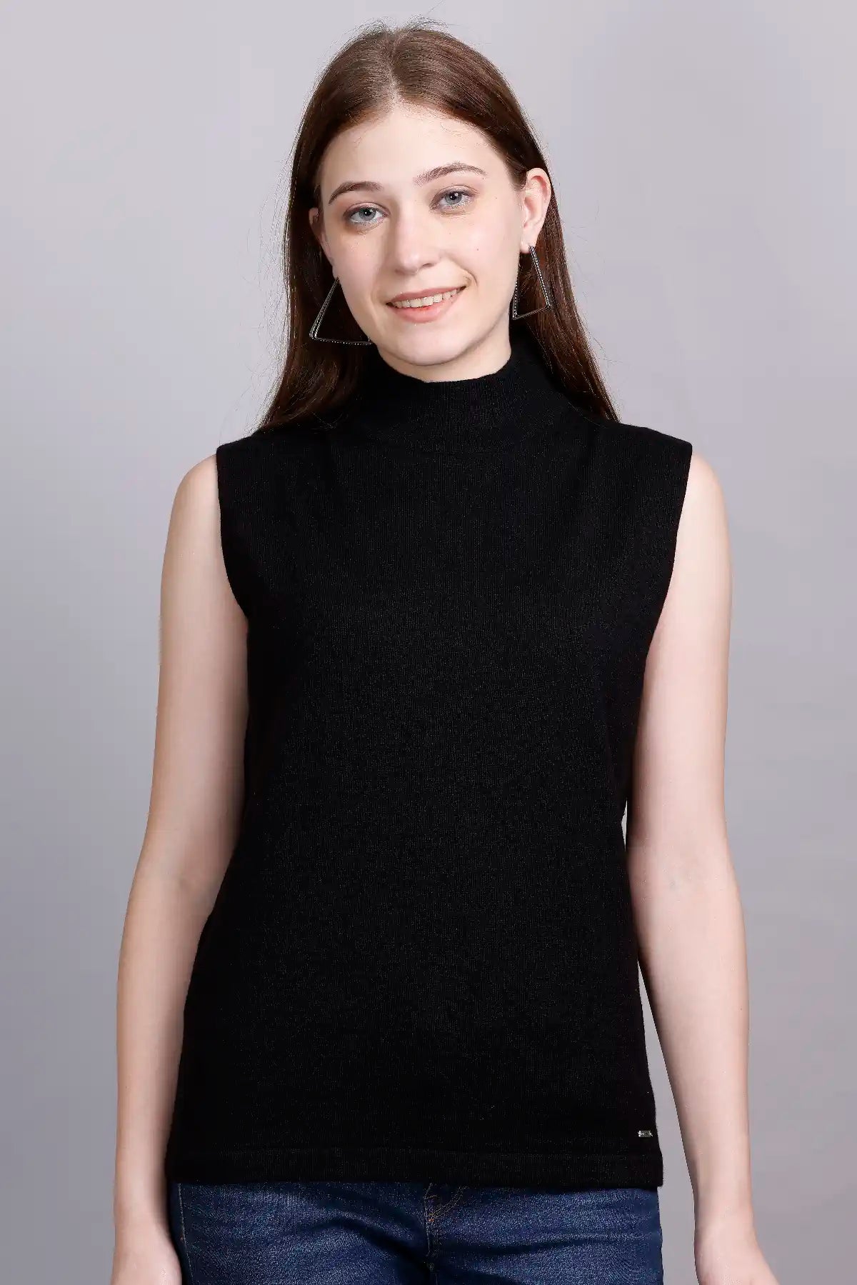 Black Woolen Turtle Neck Sweater Vest Women