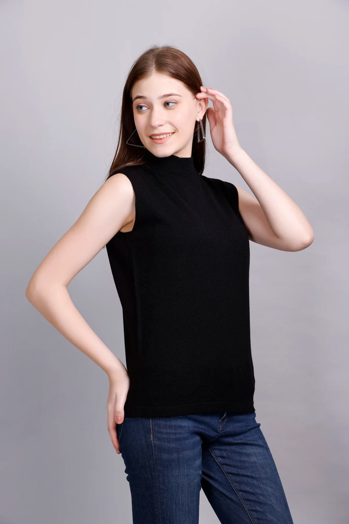 Black Woolen Turtle Neck Sweater Vest Women