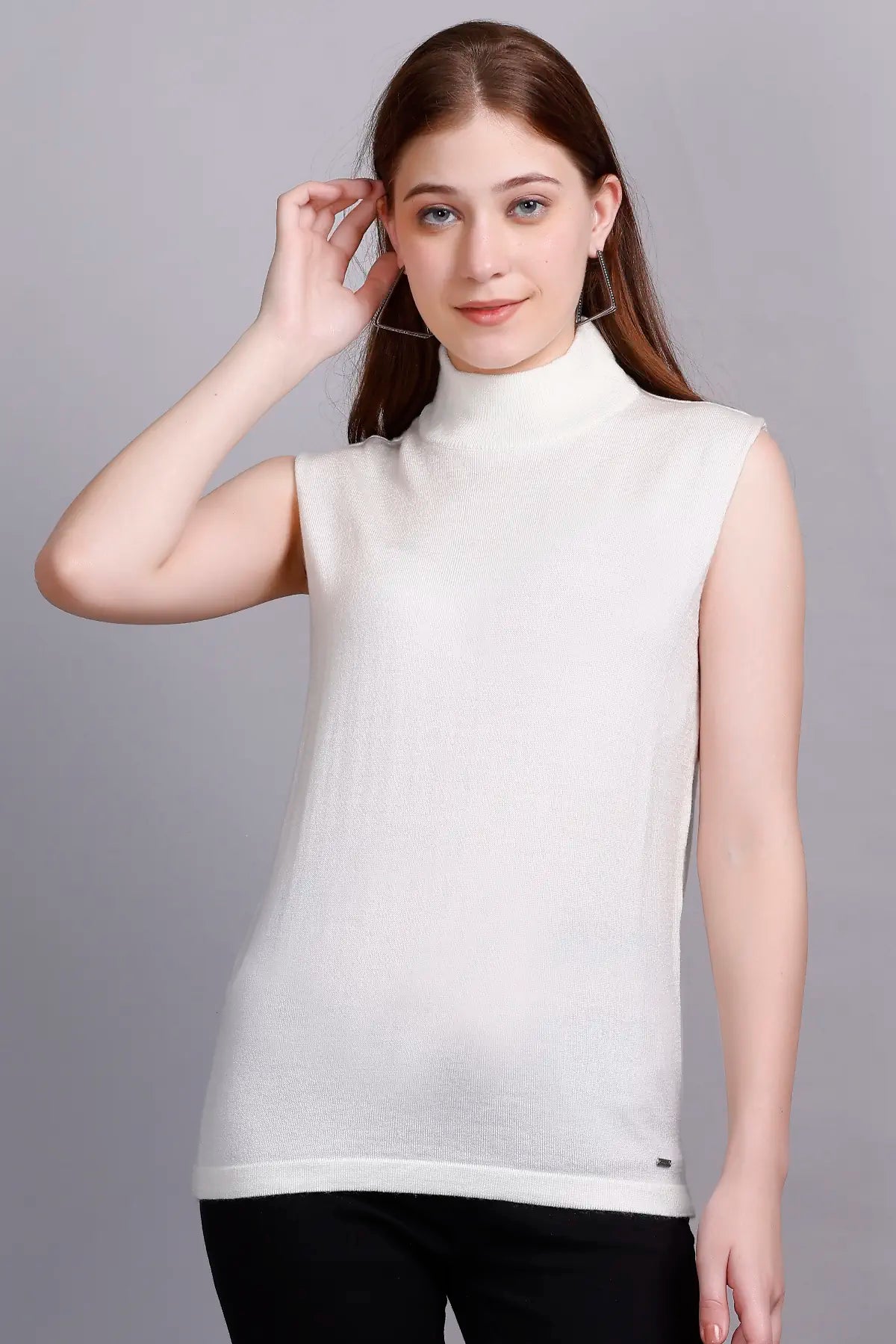 White Woolen Turtle Neck Sweater Vest Women