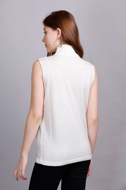 White Woolen Turtle Neck Sweater Vest Women