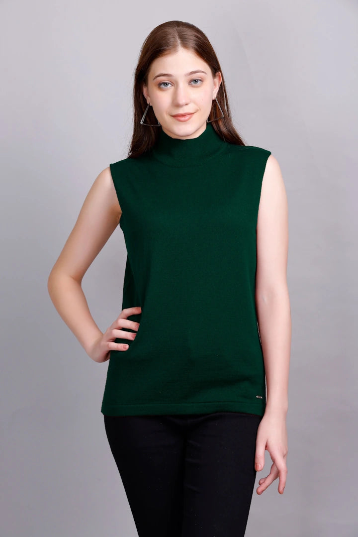 Pine Green Woolen Turtle Neck Sweater Vest Women