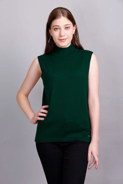 Pine Green Woolen Turtle Neck Sweater Vest Women