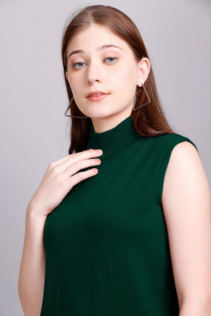 Pine Green Woolen Turtle Neck Sweater Vest Women