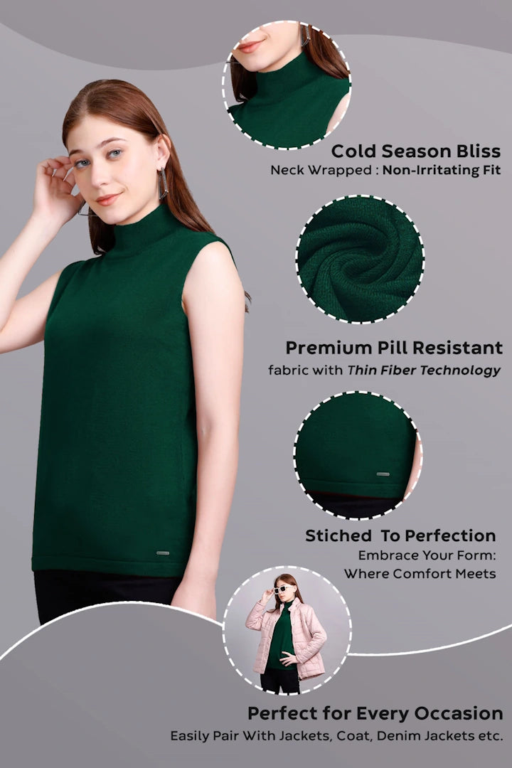 Pine Green Woolen Turtle Neck Sweater Vest Women