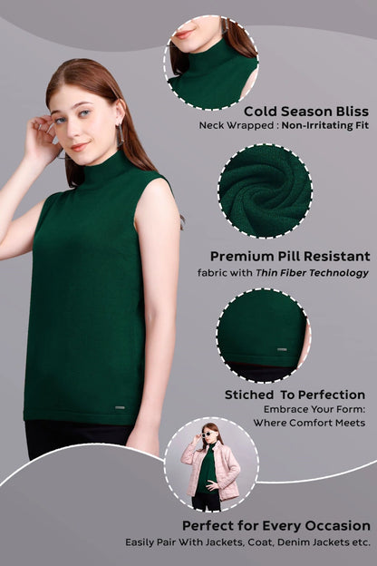 Pine Green Woolen Turtle Neck Sweater Vest Women