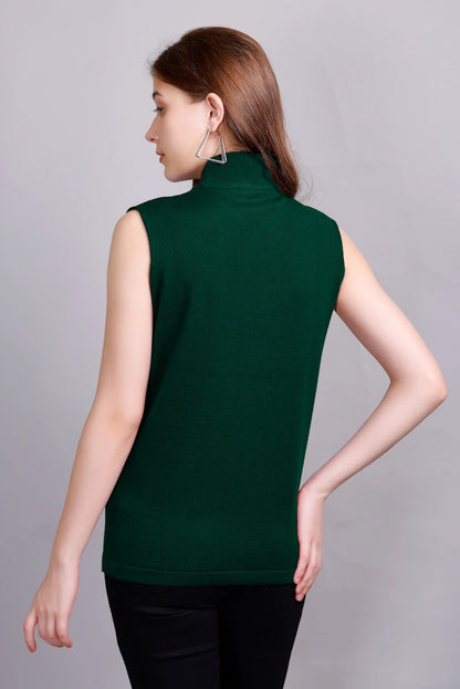 Pine Green Woolen Turtle Neck Sweater Vest Women