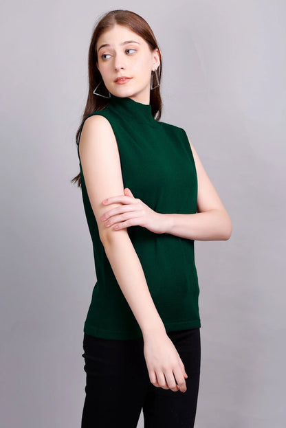 Pine Green Woolen Turtle Neck Sweater Vest Women