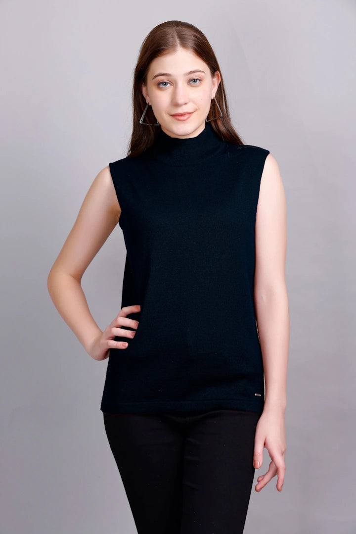 Navy Woolen Turtle Neck Sweater Vest Women