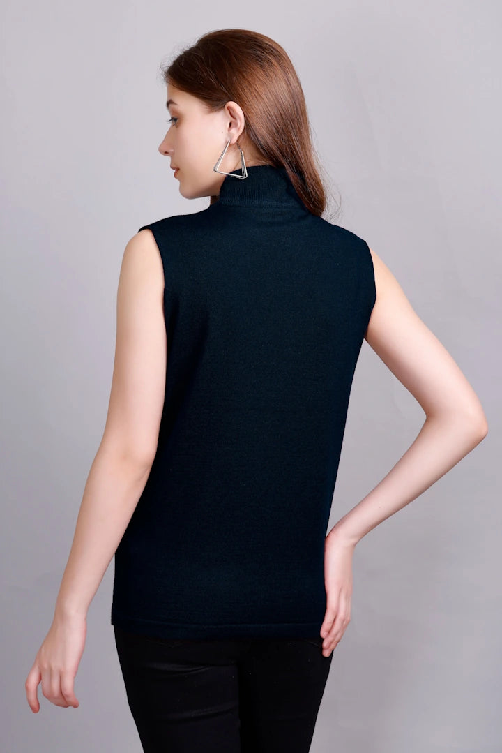 Navy Woolen Turtle Neck Sweater Vest Women