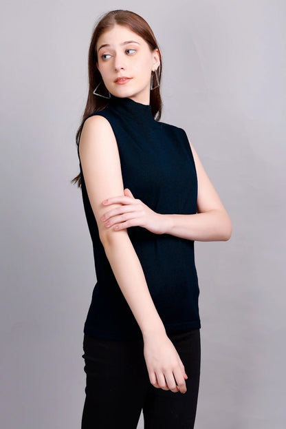Navy Woolen Turtle Neck Sweater Vest Women