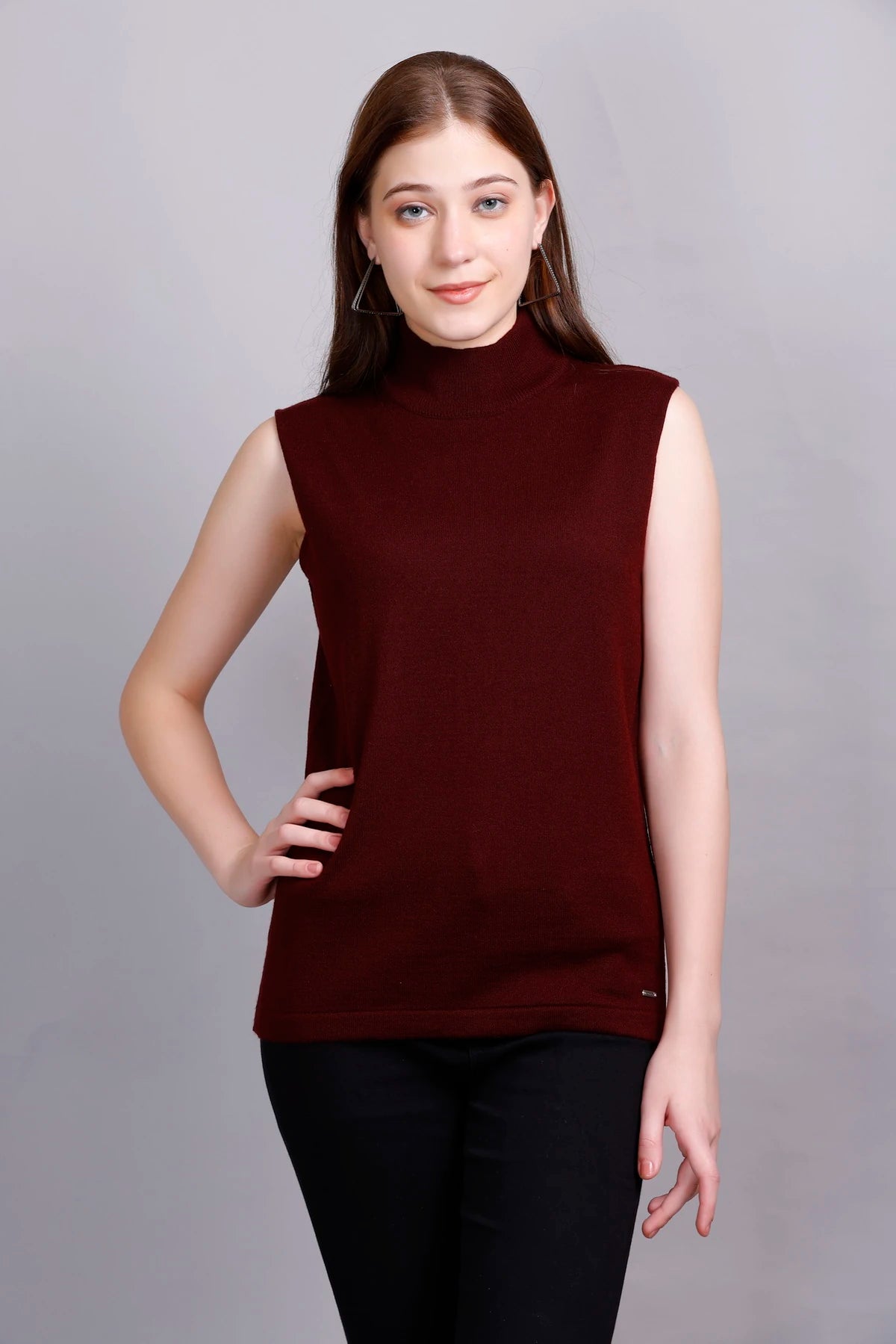 Wine Woolen Turtle Neck Sweater Vest Women