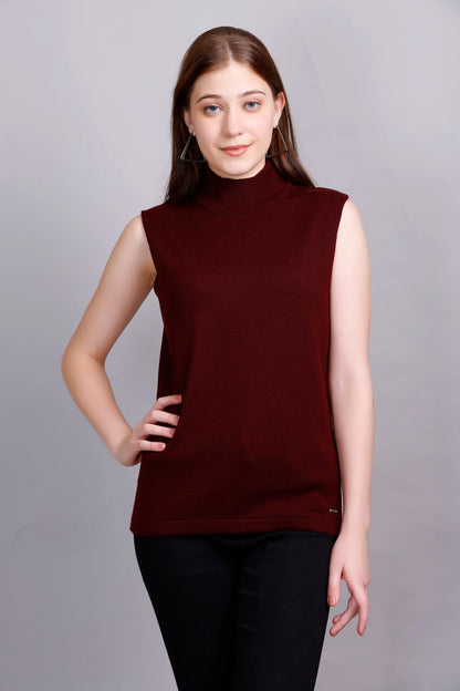 Wine Woolen Turtle Neck Sweater Vest Women