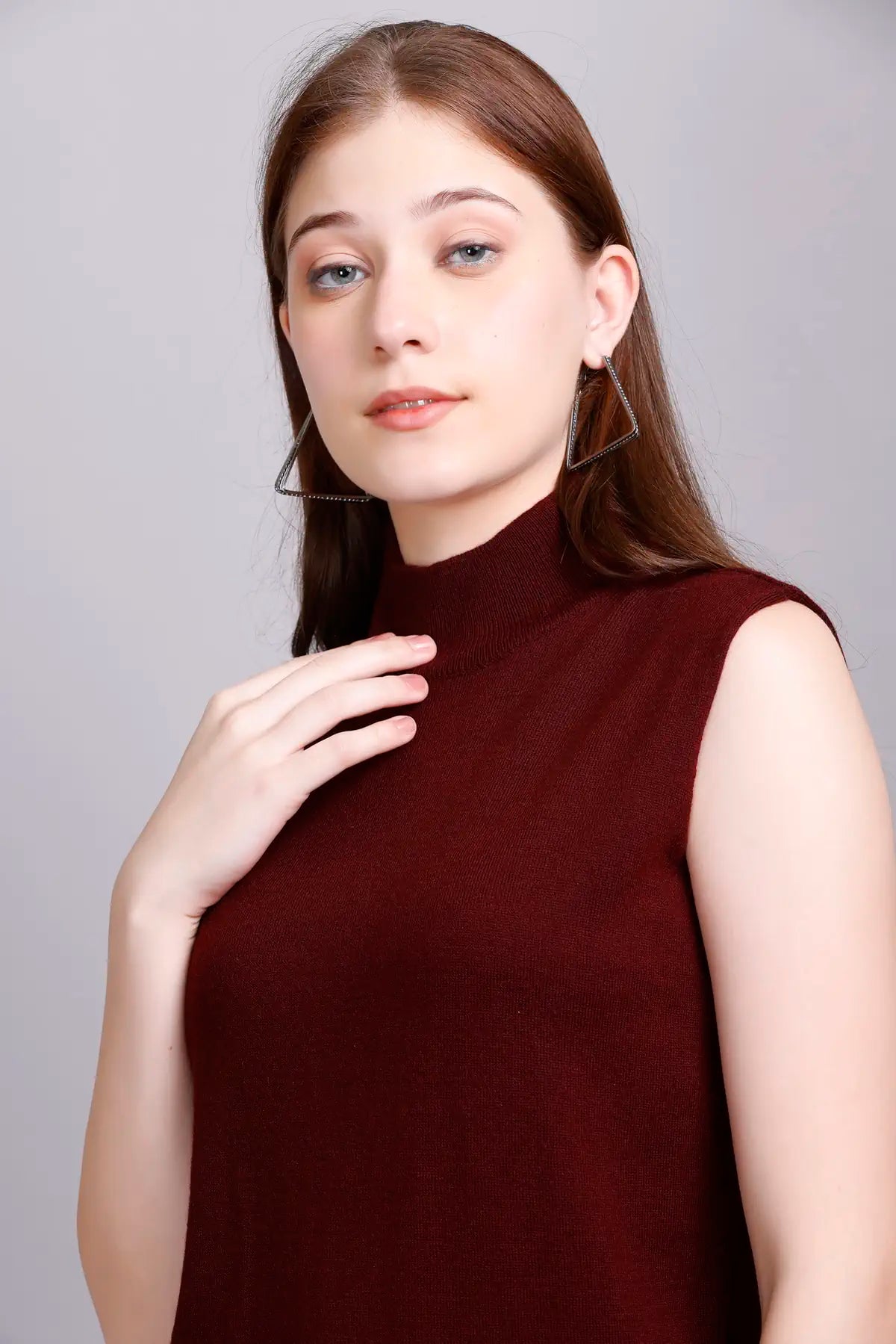 Wine Woolen Turtle Neck Sweater Vest Women