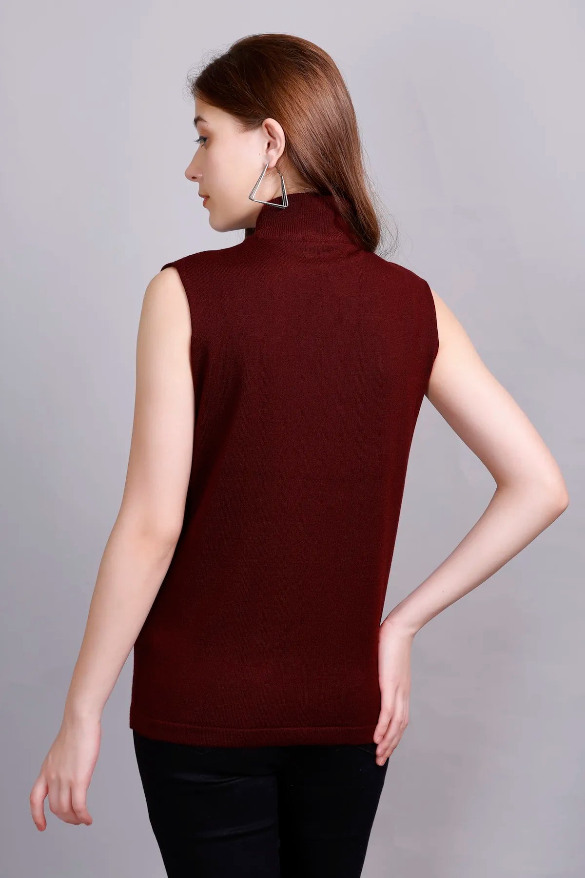 Wine Woolen Turtle Neck Sweater Vest Women